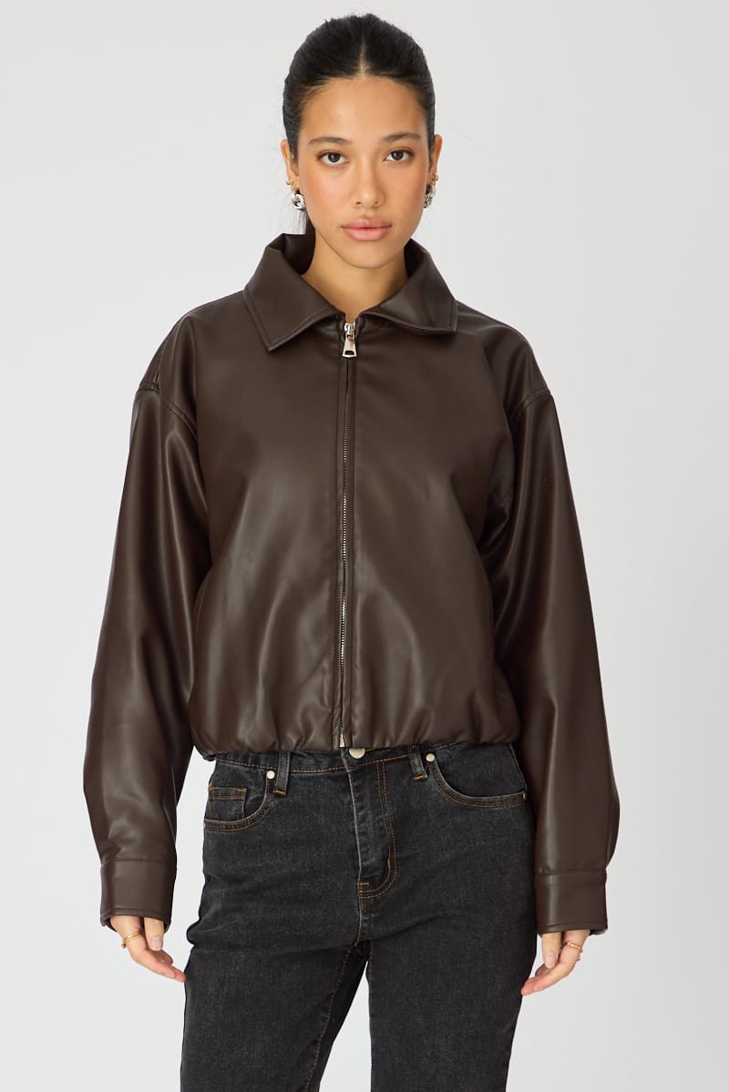 Brown Collared Bomber Jacket Faux Leather for Ally Fashion