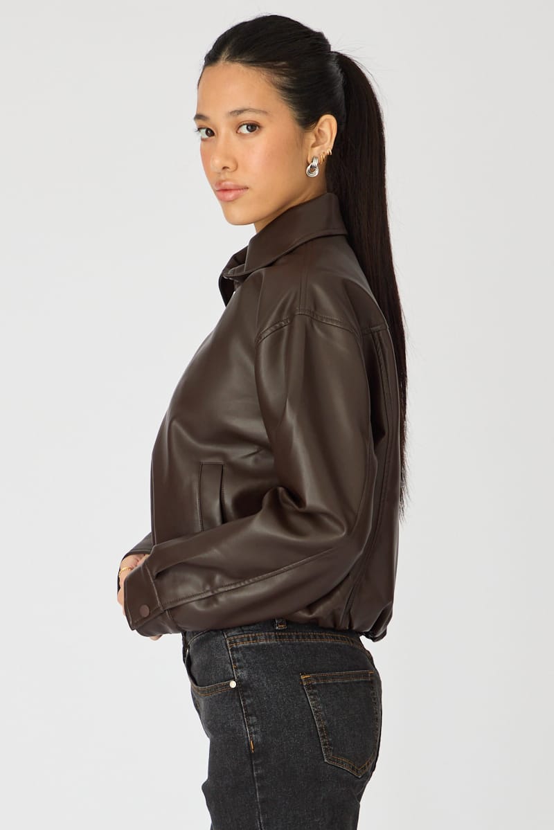 Brown Collared Bomber Jacket Faux Leather for Ally Fashion