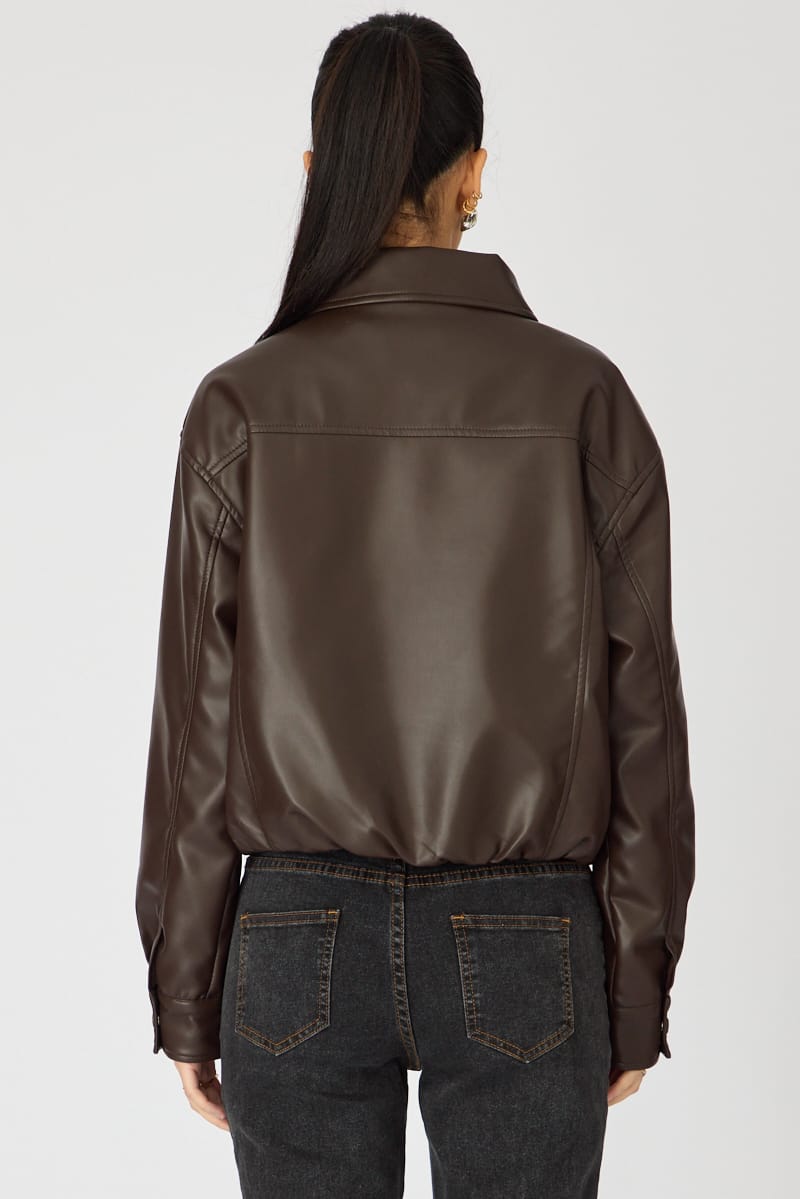 Brown Collared Bomber Jacket Faux Leather for Ally Fashion