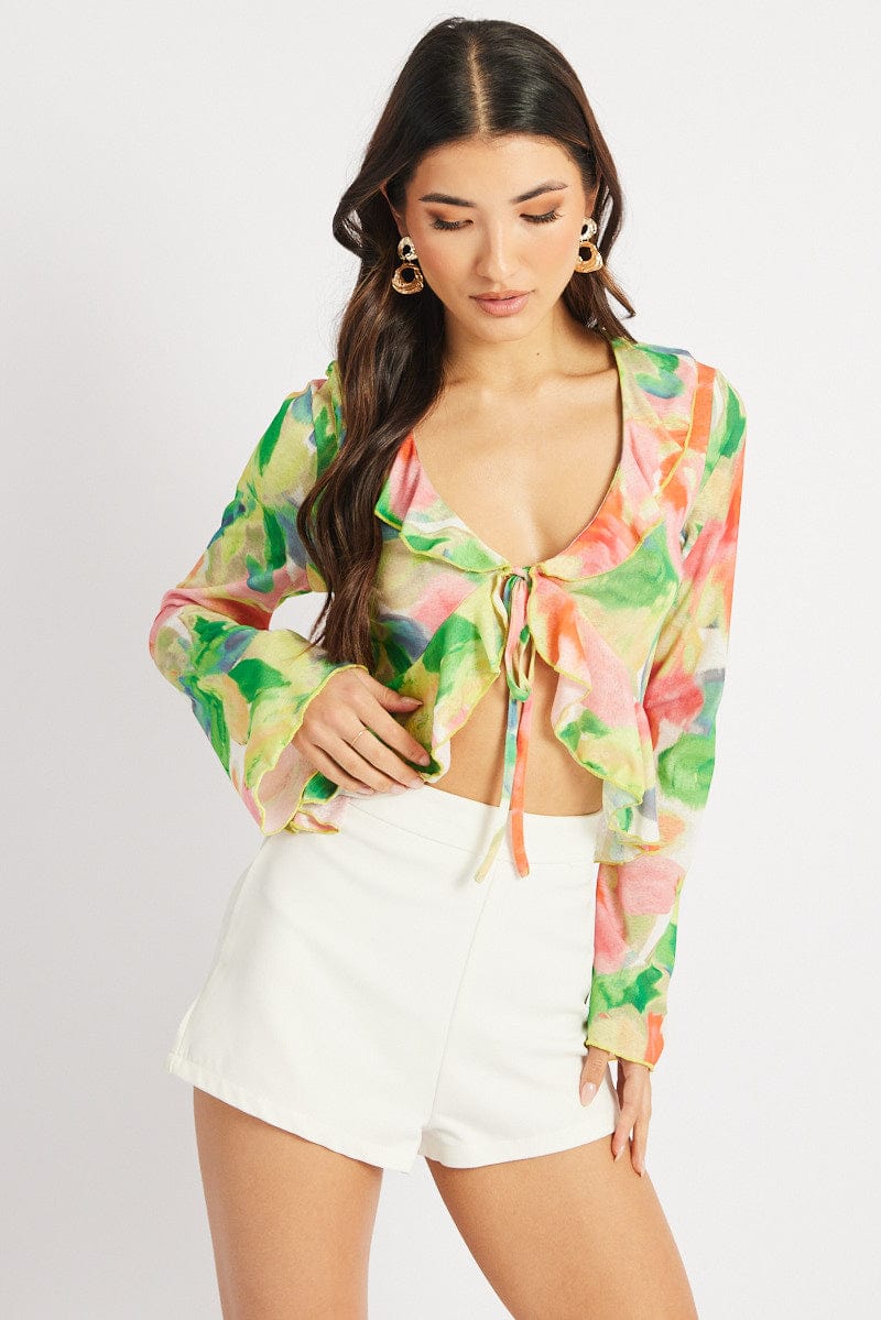 Multi Floral Tie Front Frill Top Long Sleeve for Ally Fashion