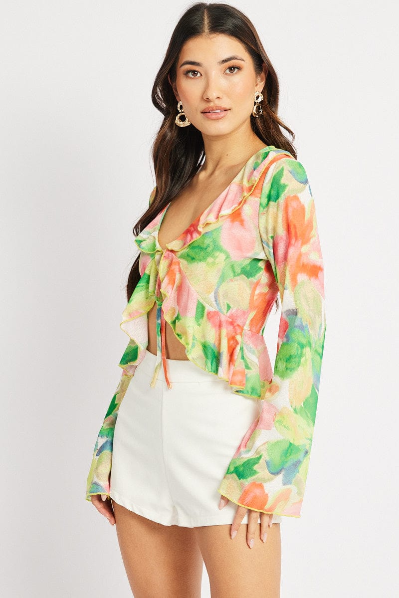 Multi Floral Tie Front Frill Top Long Sleeve for Ally Fashion