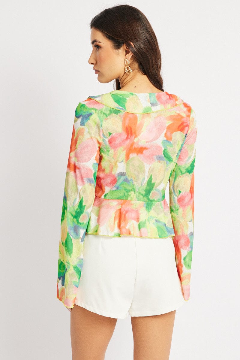 Multi Floral Tie Front Frill Top Long Sleeve for Ally Fashion