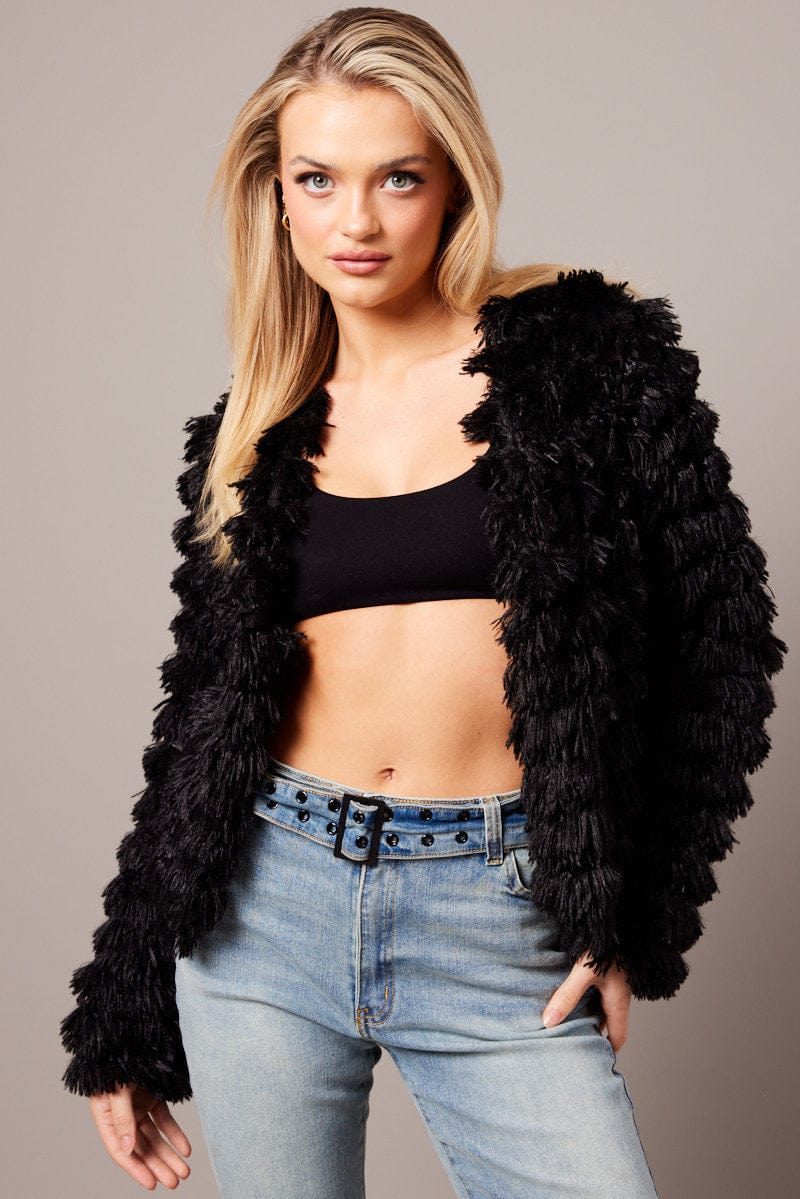 Black Shag Faux Fur Jacket for Ally Fashion