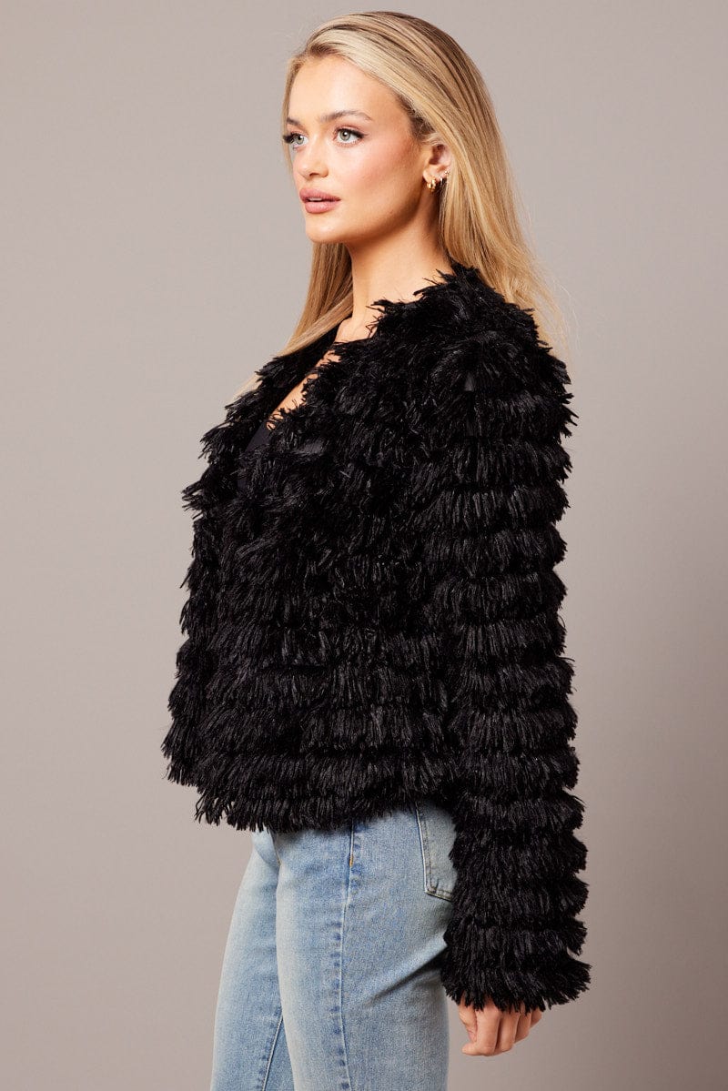Black Shag Faux Fur Jacket for Ally Fashion