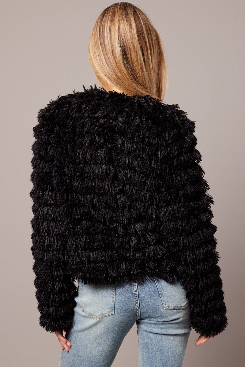 Black Shag Faux Fur Jacket for Ally Fashion