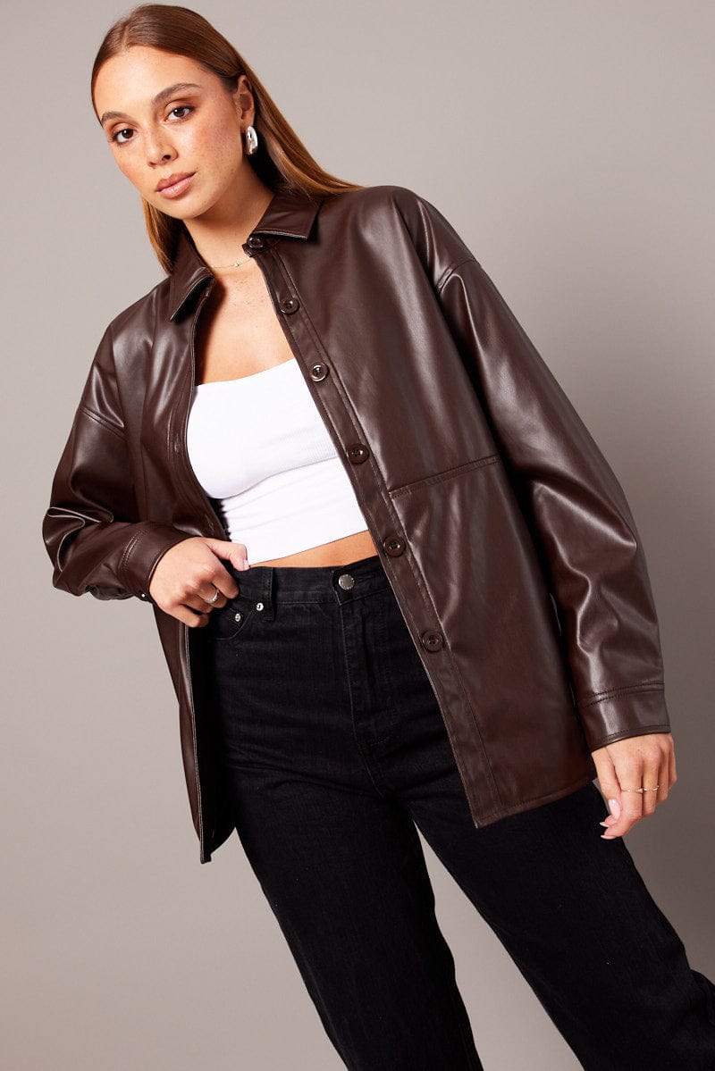 Brown Faux Leather Shacket Long Sleeves for Ally Fashion