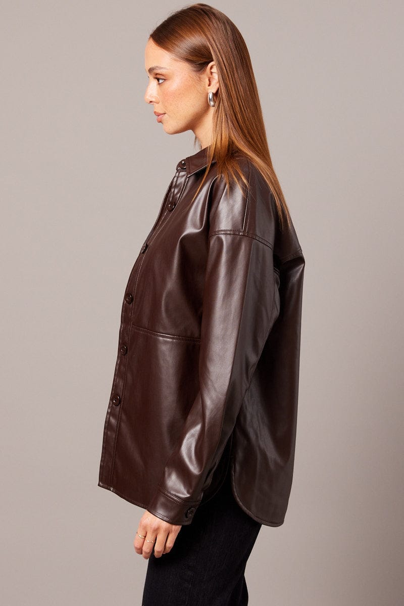 Brown Faux Leather Shacket Long Sleeves for Ally Fashion