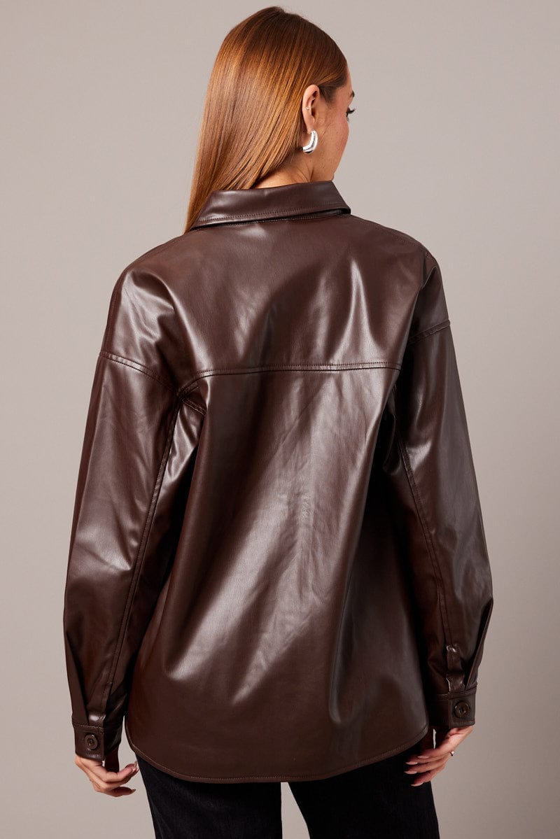 Brown Faux Leather Shacket Long Sleeves for Ally Fashion