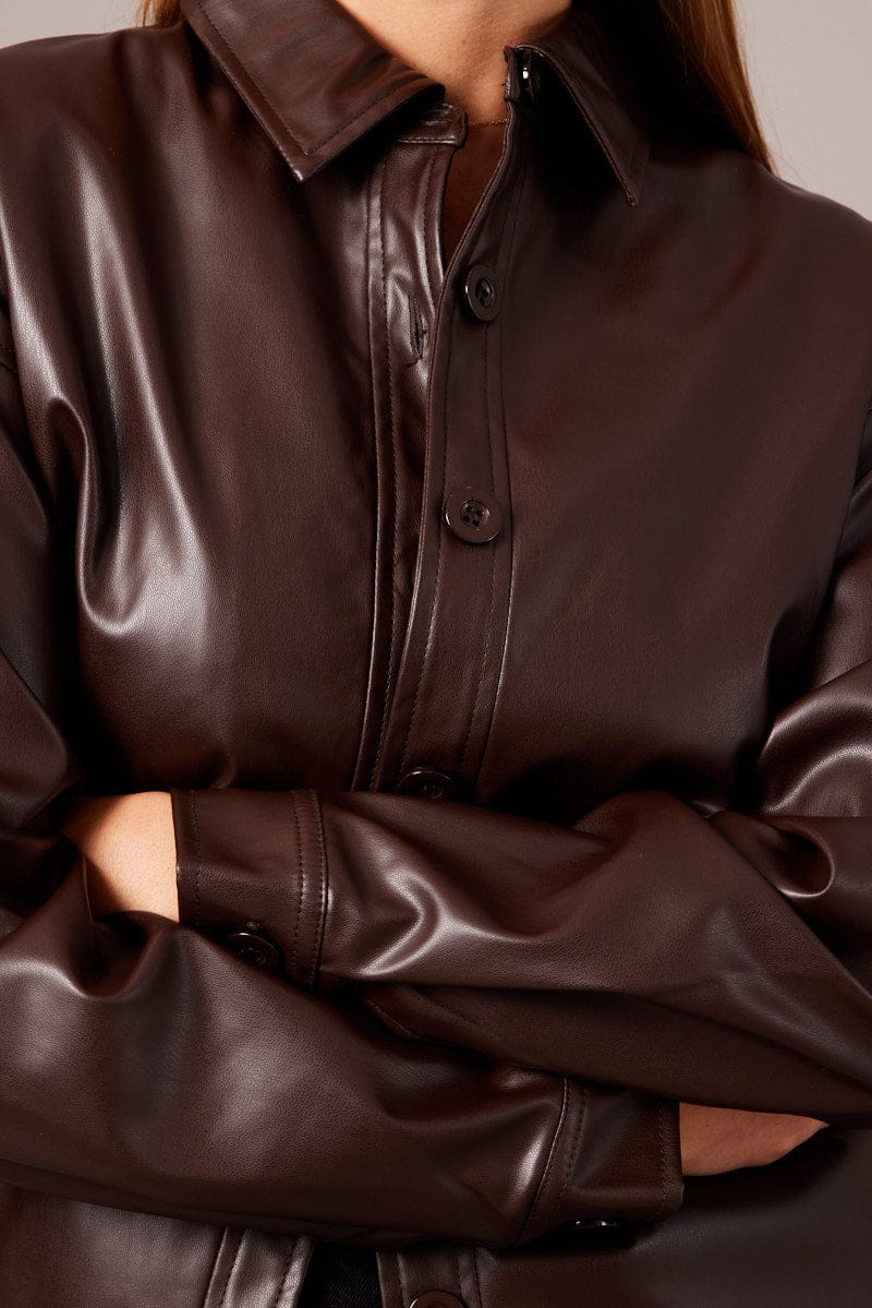 Brown Faux Leather Shacket Long Sleeves for Ally Fashion