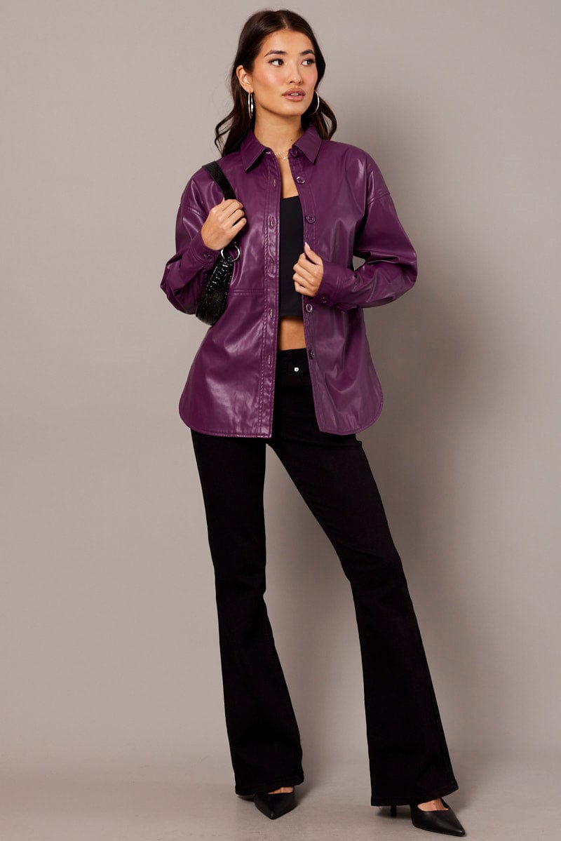 Purple Faux Leather Shacket Long Sleeves for Ally Fashion