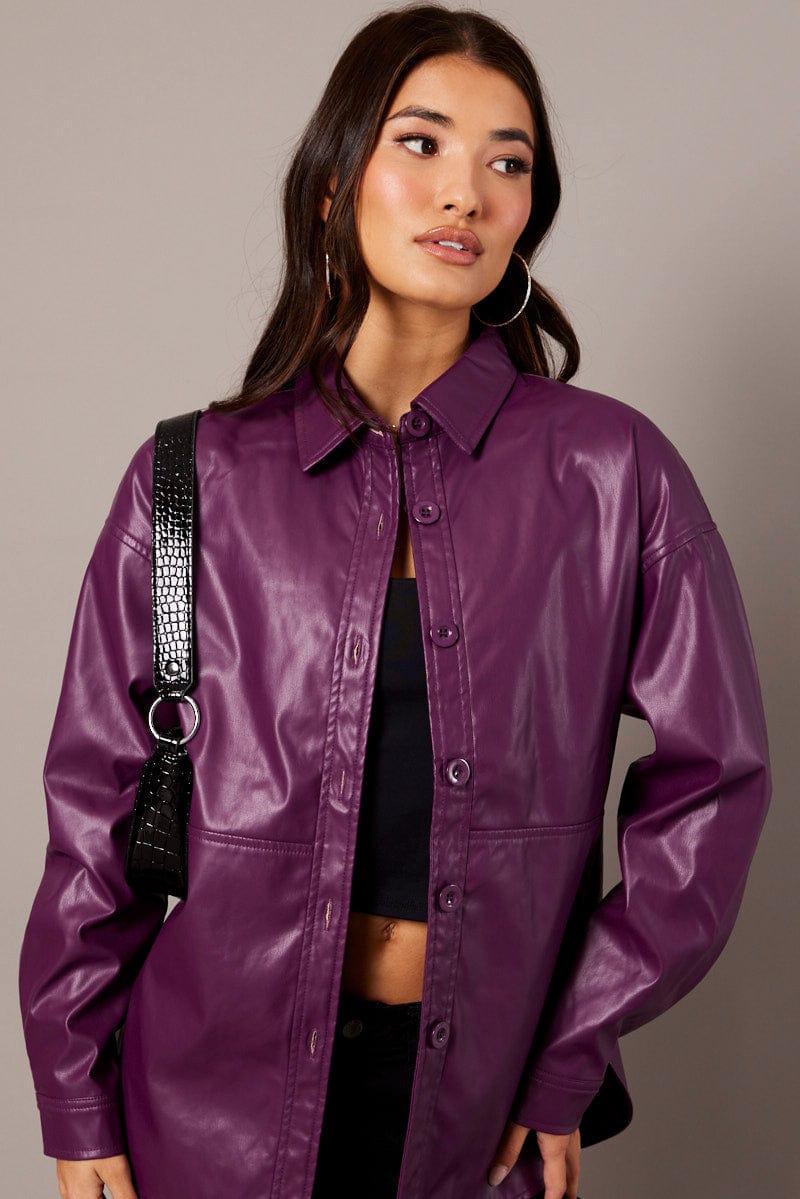 Purple Faux Leather Shacket Long Sleeves for Ally Fashion
