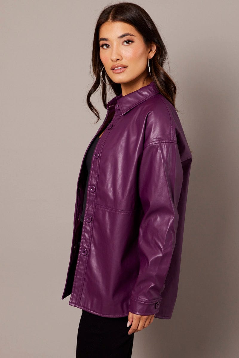 Purple Faux Leather Shacket Long Sleeves for Ally Fashion