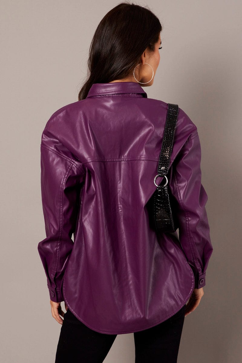 Purple Faux Leather Shacket Long Sleeves for Ally Fashion