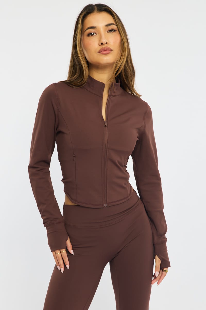 Brown Active Jacket Long Sleeve for Ally Fashion