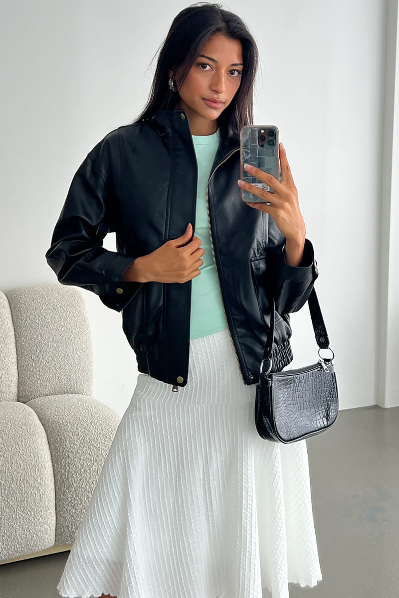 Black Bomber Jacket Faux Leather for Ally Fashion