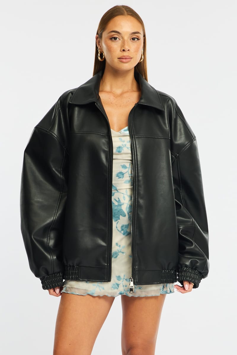 Black Bomber Jacket Faux Leather for Ally Fashion