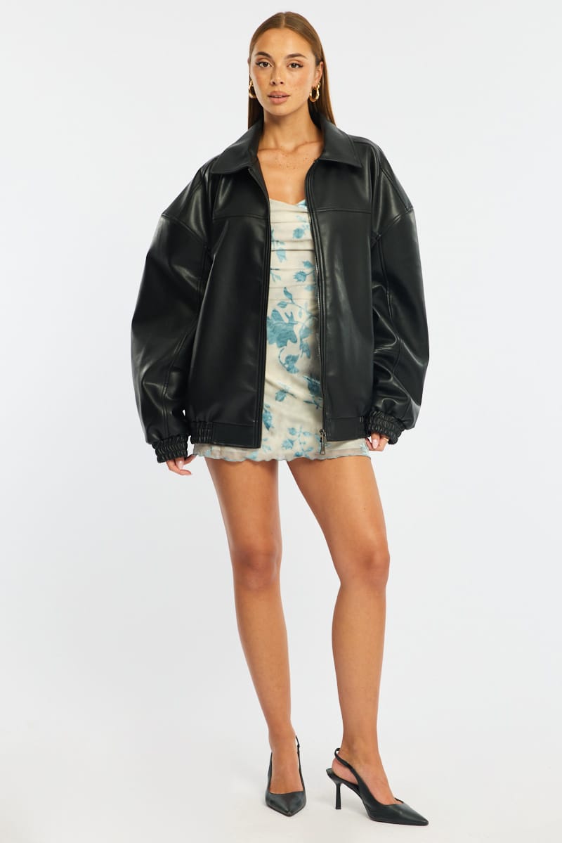 Black Bomber Jacket Faux Leather for Ally Fashion