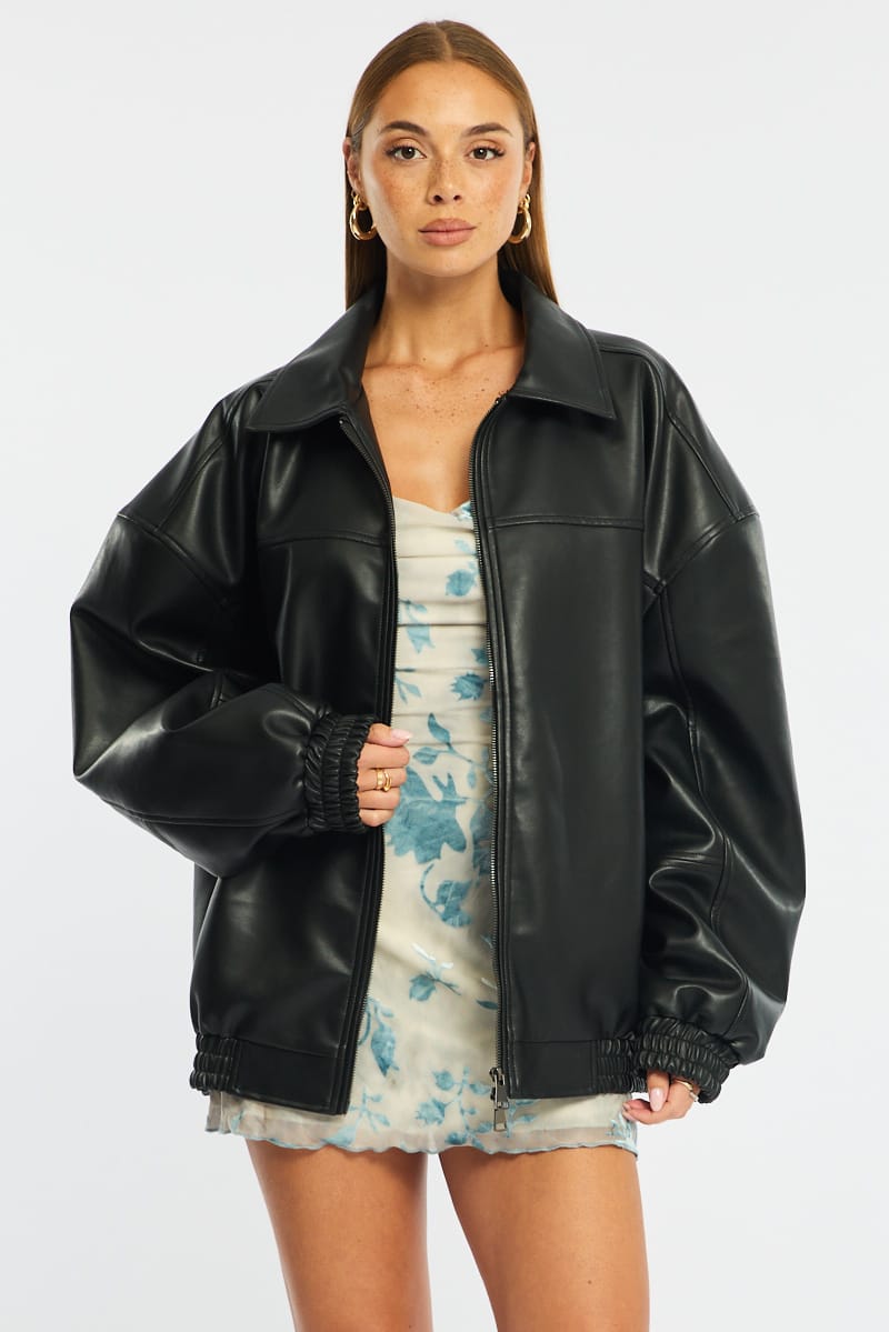 Black Bomber Jacket Faux Leather for Ally Fashion