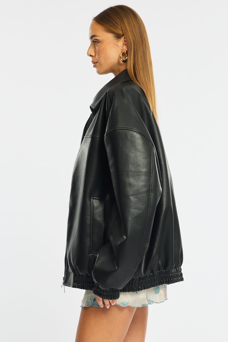 Black Bomber Jacket Faux Leather for Ally Fashion