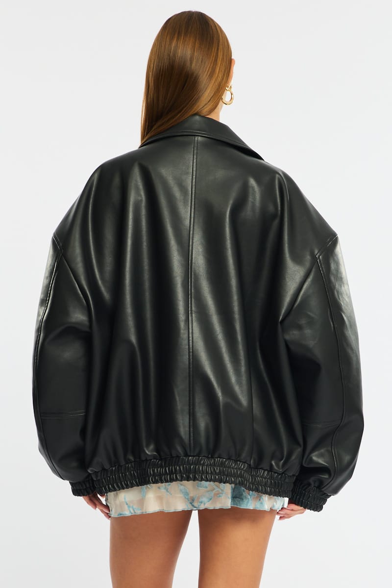 Black Bomber Jacket Faux Leather for Ally Fashion