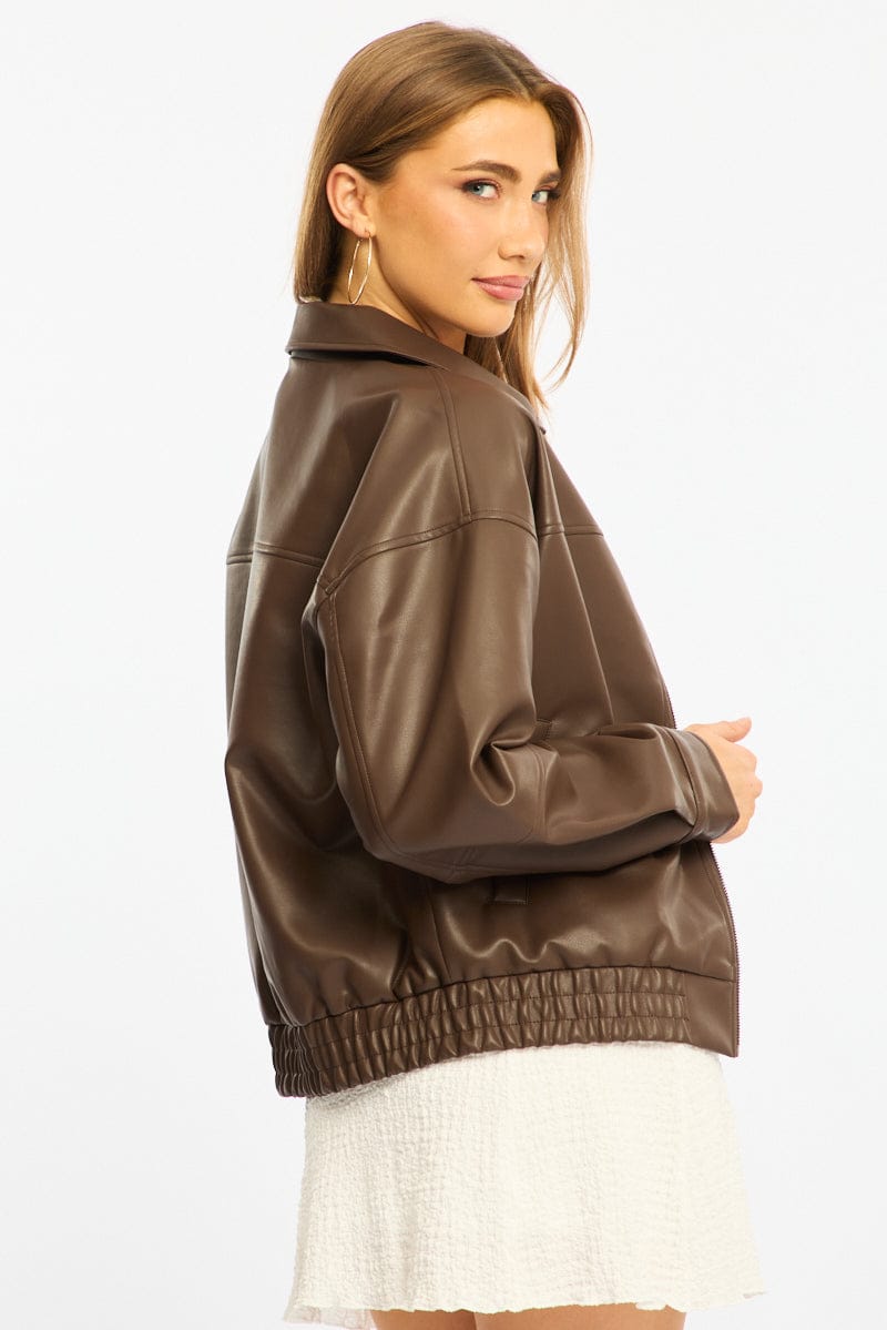 Brown Bomber Jacket Faux Leather for Ally Fashion