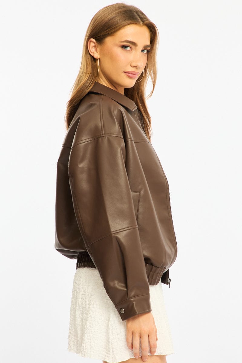 Brown Bomber Jacket Faux Leather for Ally Fashion