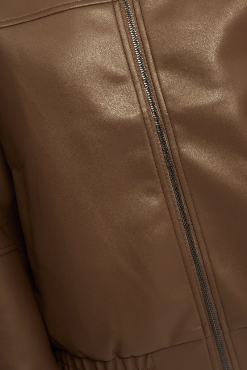 Brown Bomber Jacket Faux Leather for Ally Fashion