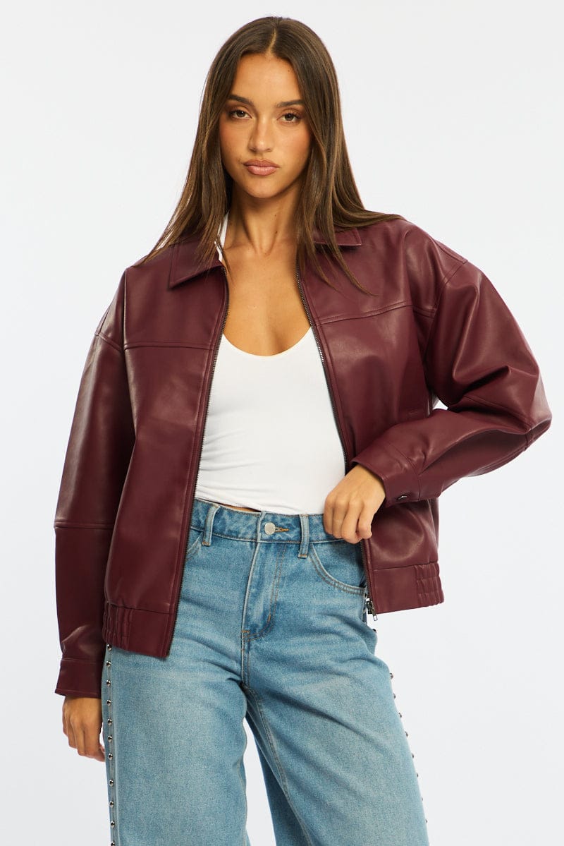 Red Bomber Jacket Faux Leather for Ally Fashion