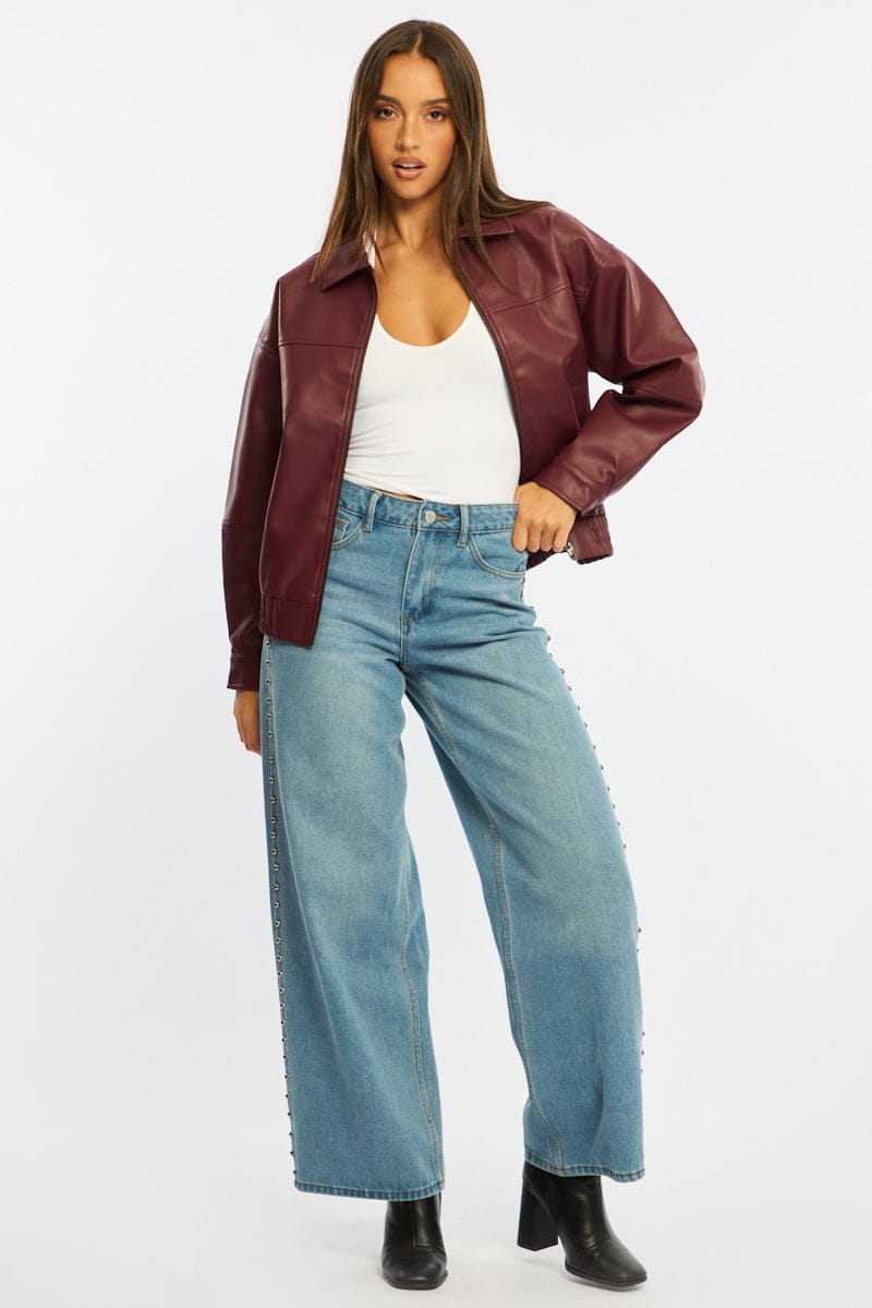Red Bomber Jacket Faux Leather for Ally Fashion