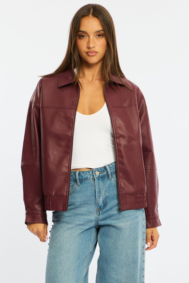 Red Bomber Jacket Faux Leather for Ally Fashion