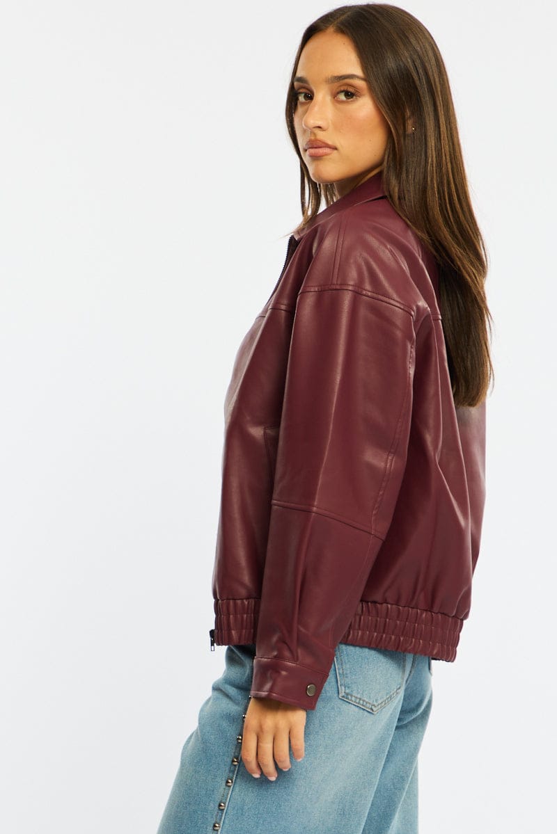 Red Bomber Jacket Faux Leather for Ally Fashion