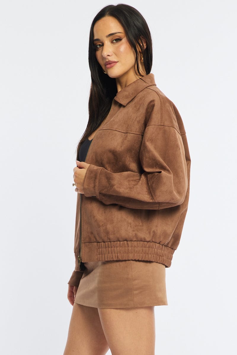 Beige Bomber Jacket Suede for Ally Fashion