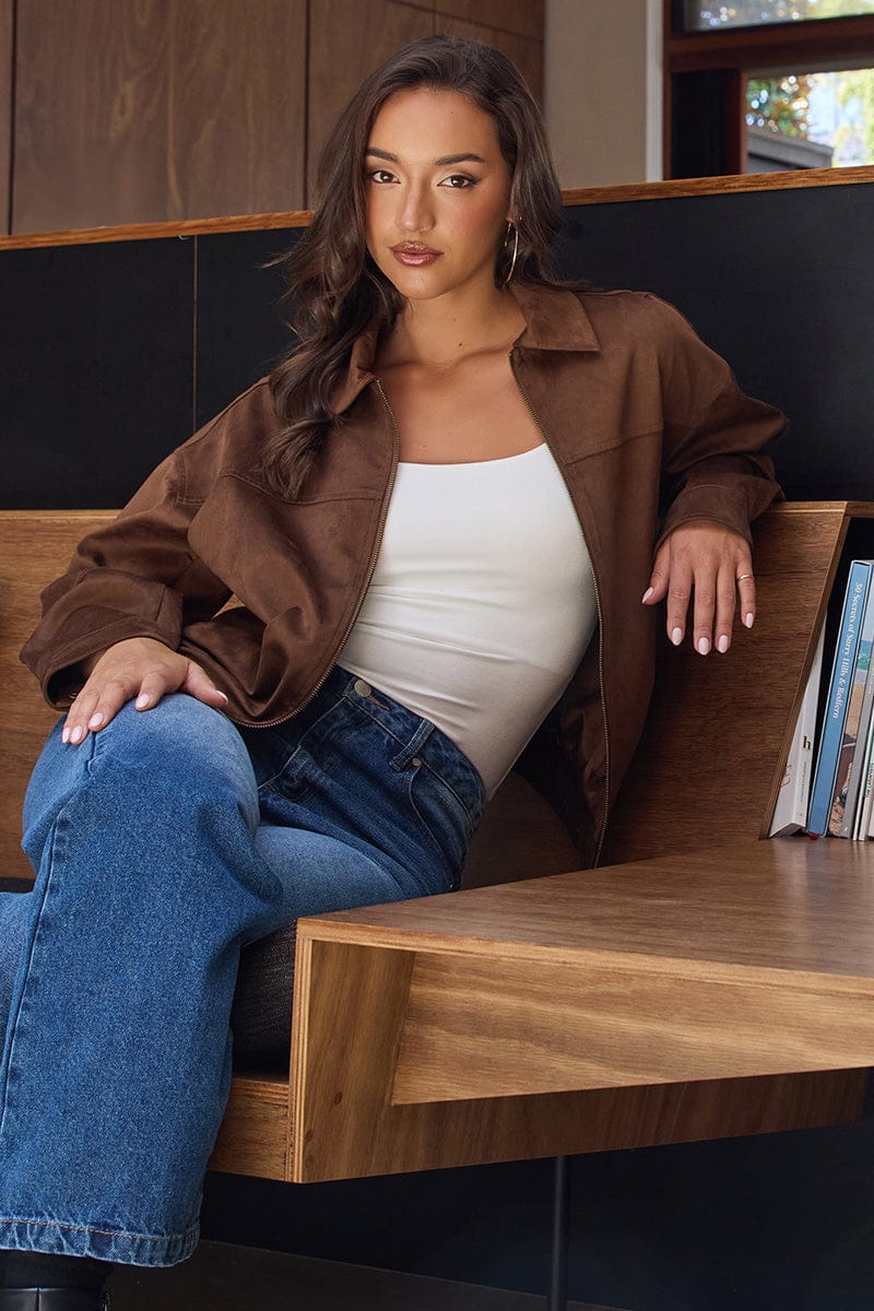 Brown Bomber Jacket Suede for Ally Fashion