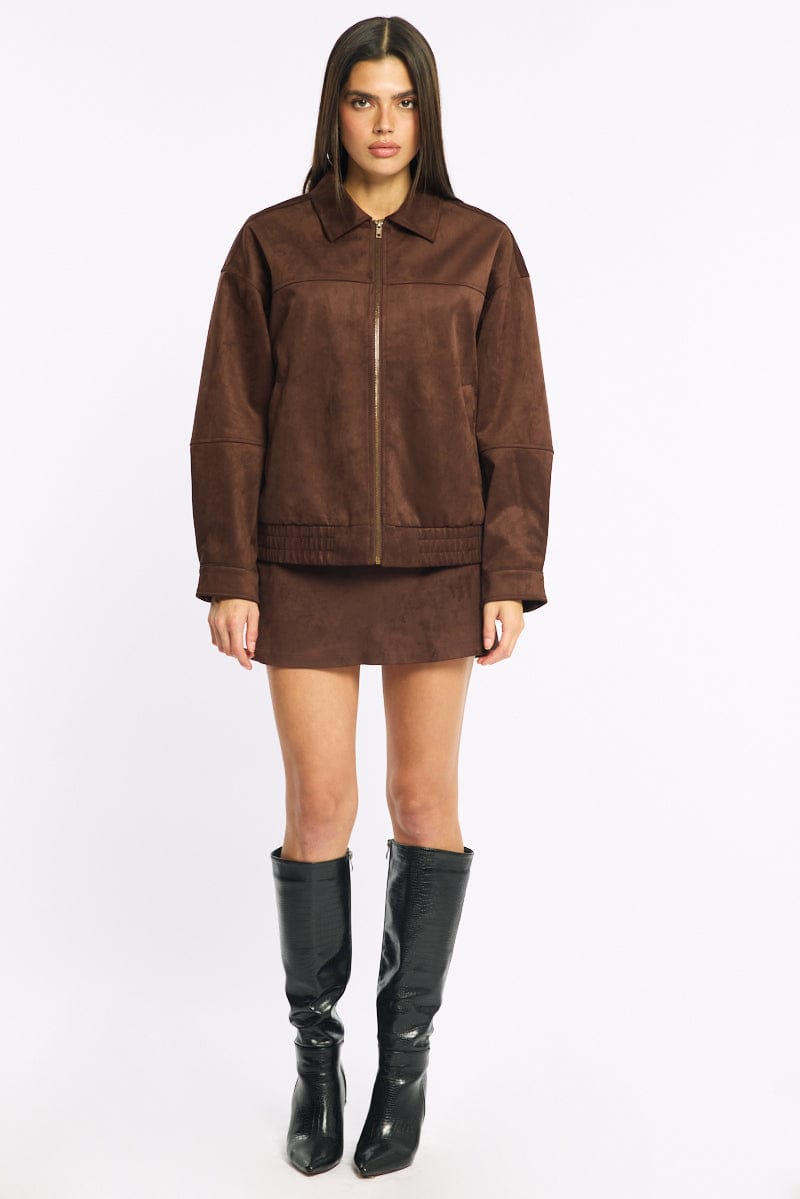 Brown Bomber Jacket Suede for Ally Fashion