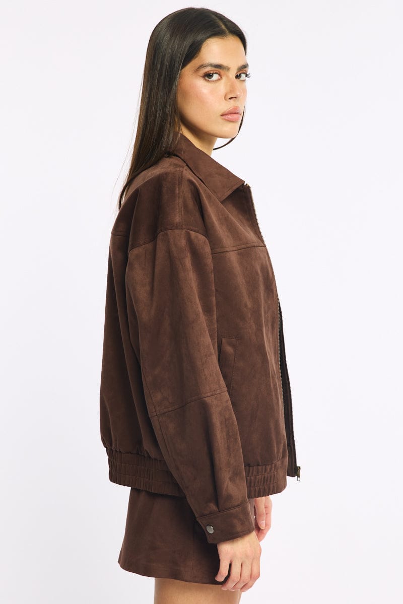 Brown Bomber Jacket Suede for Ally Fashion