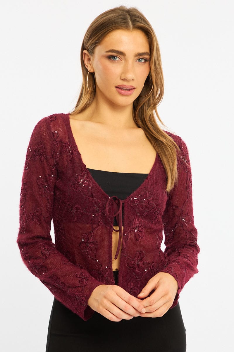 Red Cardigan Long Sleeve Sequin for Ally Fashion