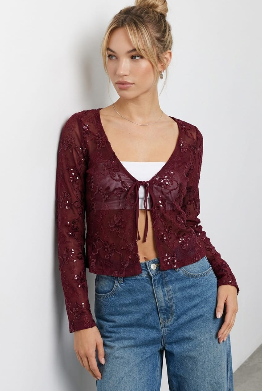Red Cardigan Long Sleeve Sequin for Ally Fashion