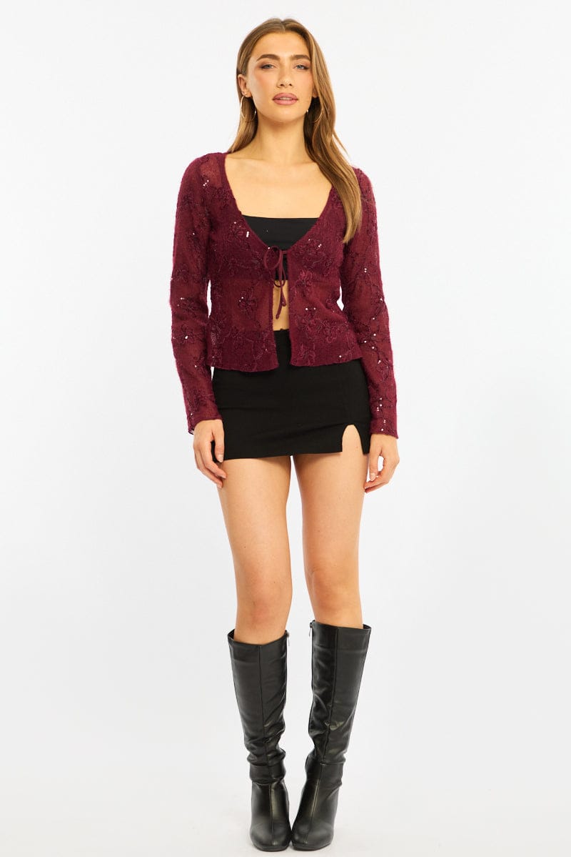 Red Cardigan Long Sleeve Sequin for Ally Fashion