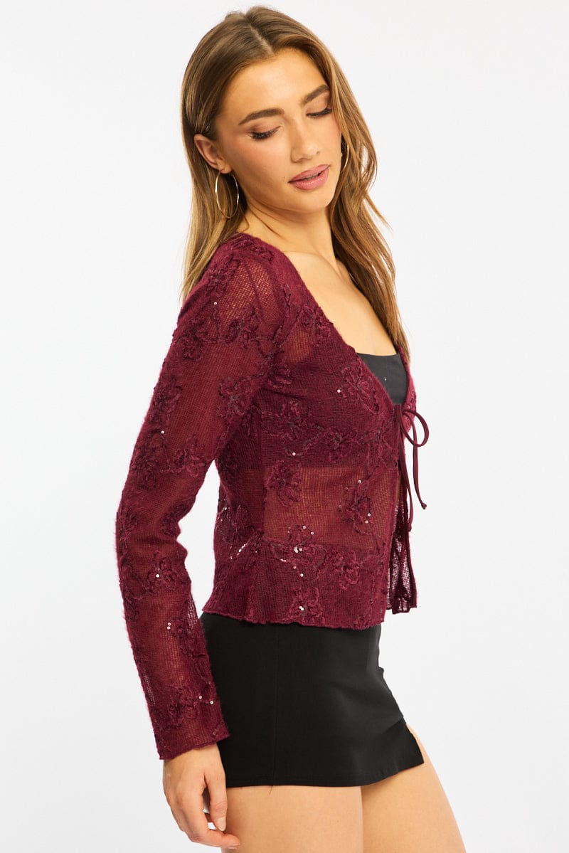 Red Cardigan Long Sleeve Sequin for Ally Fashion