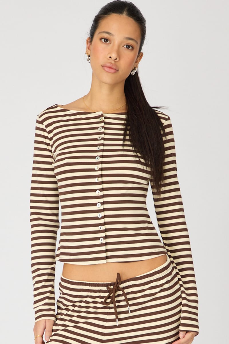 Brown Stripe Button Down Top for Ally Fashion