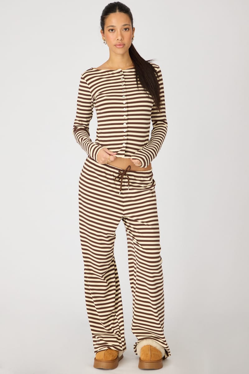 Brown Stripe Button Down Top for Ally Fashion