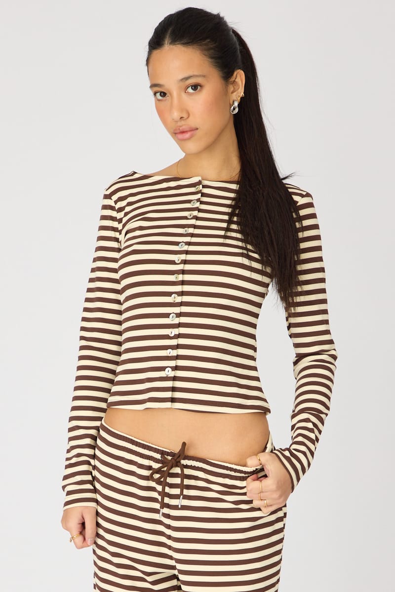 Brown Stripe Button Down Top for Ally Fashion