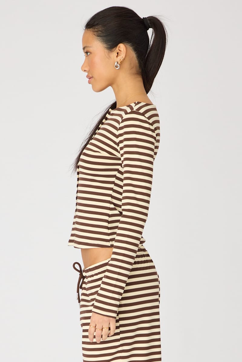 Brown Stripe Button Down Top for Ally Fashion