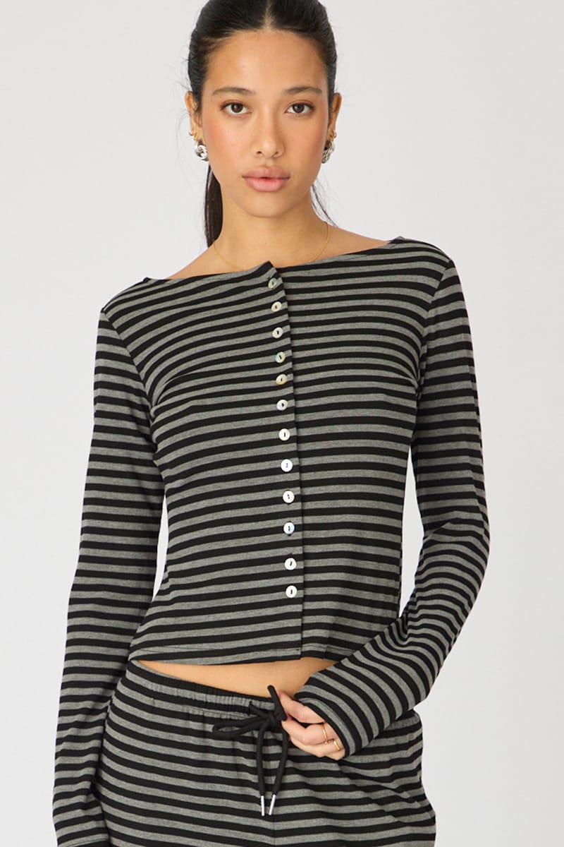 Ally Fashion black and grey stripe button down long sleeve top