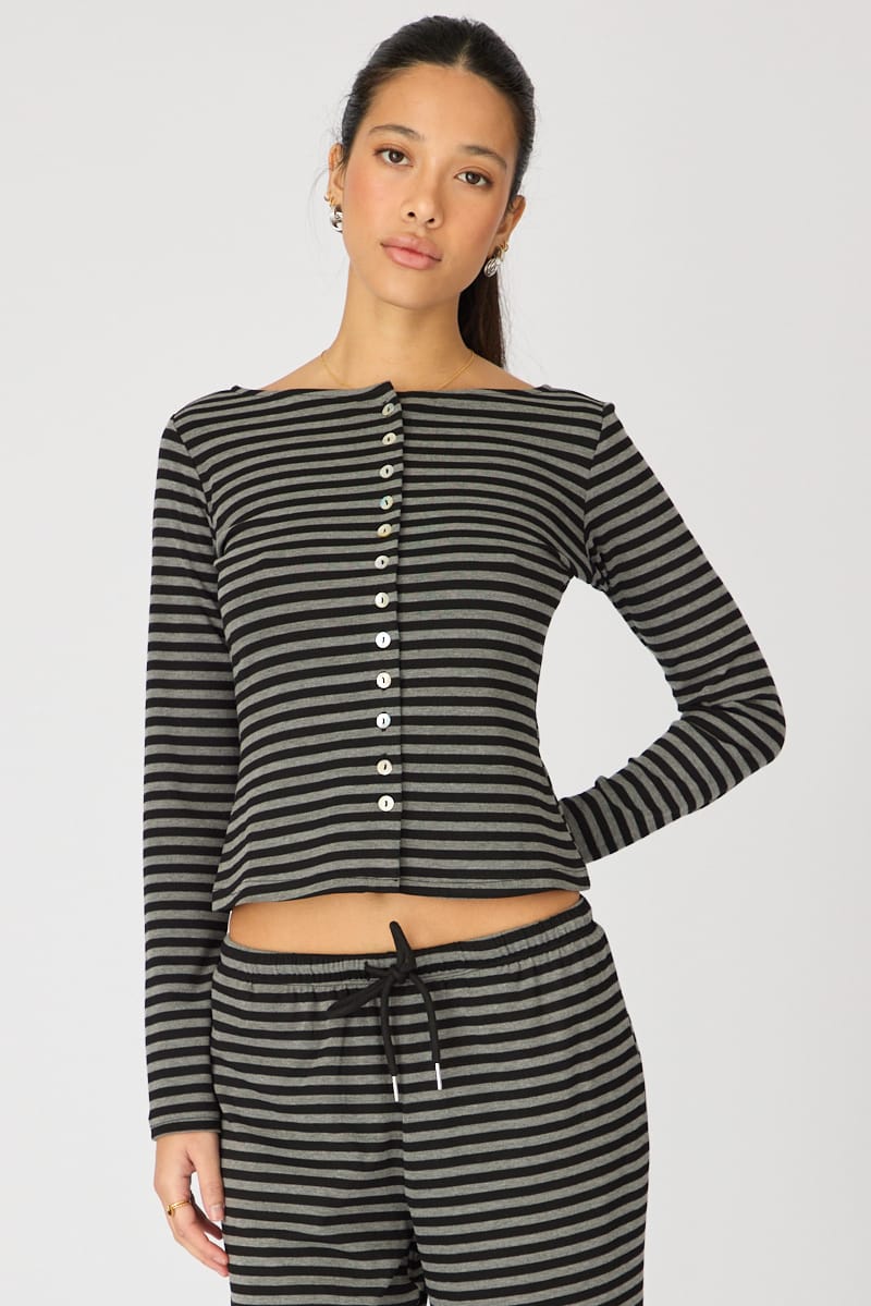 Black Stripe Button Down Top for Ally Fashion