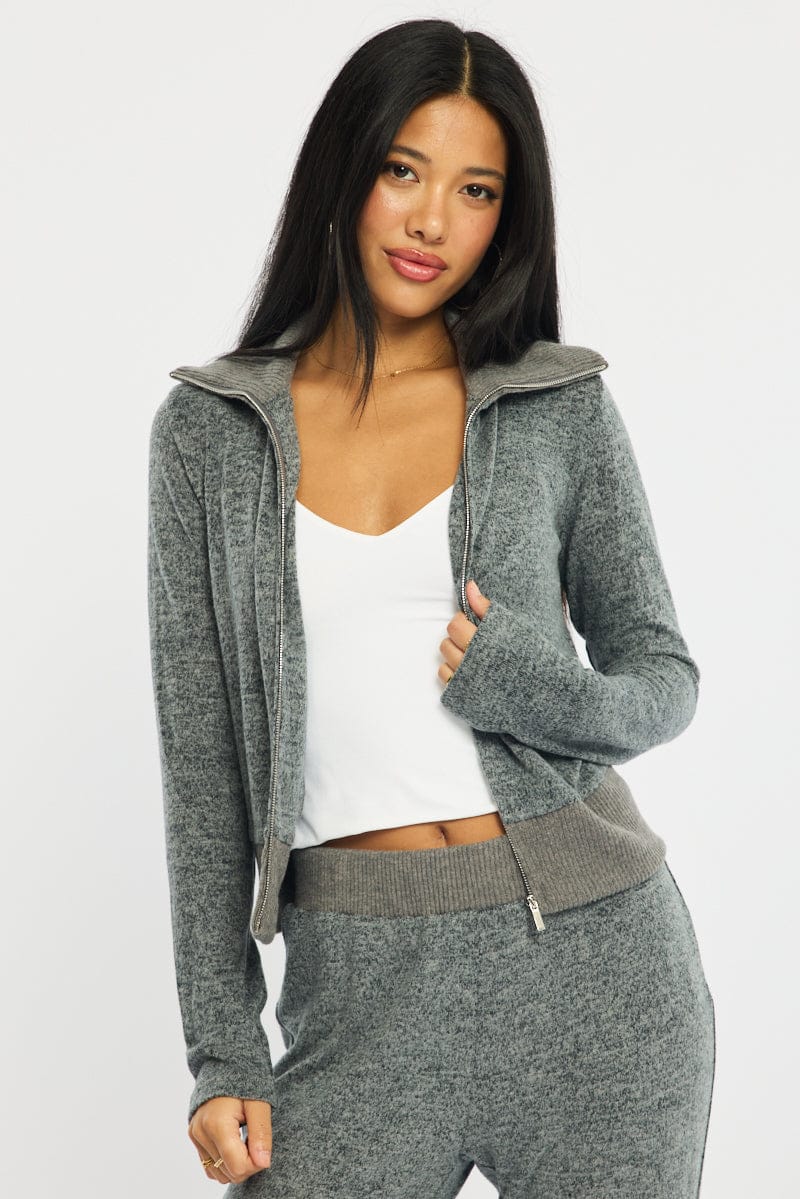 Grey Zip Through Cardigan Soft Touch for Ally Fashion