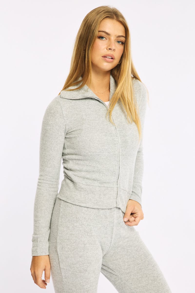 Grey Zip Through Cardigan Soft Touch for Ally Fashion