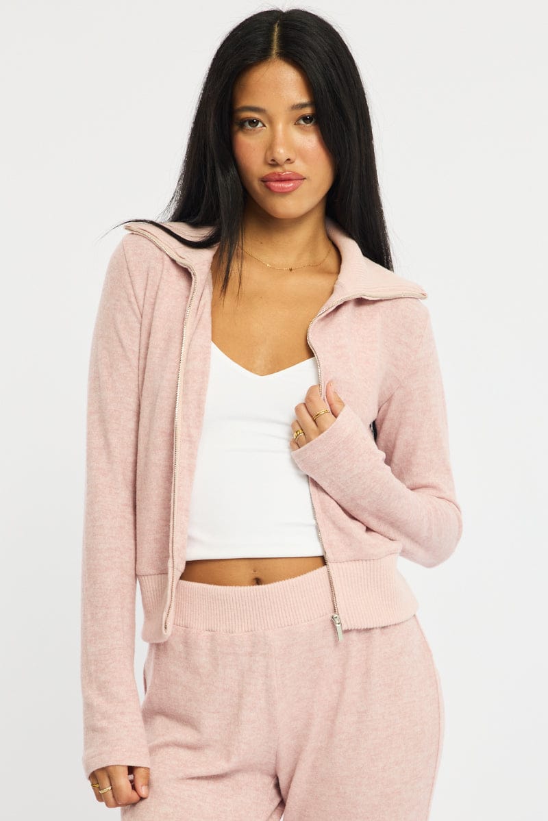 Pink Zip Through Cardigan Soft Touch for Ally Fashion