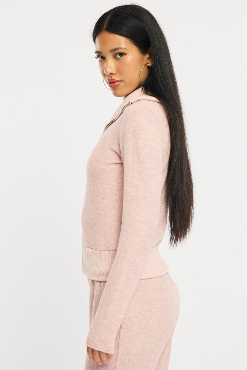 Pink Zip Through Cardigan Soft Touch for Ally Fashion