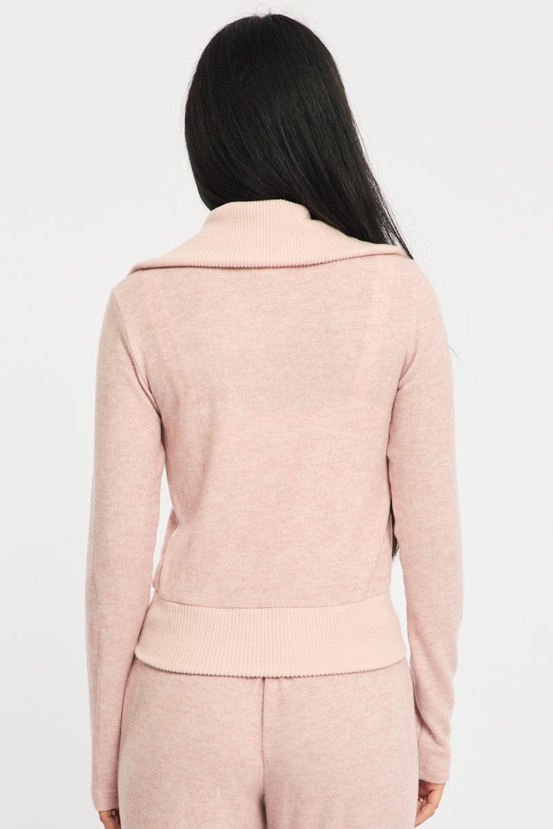 Pink Zip Through Cardigan Soft Touch for Ally Fashion